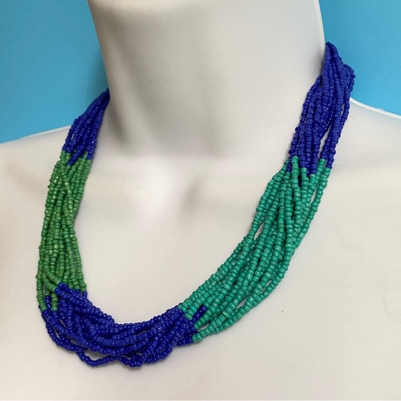 Blue & Green Seed Beads Artisan Made Multi-Strand Necklace - Picture 4 of 8